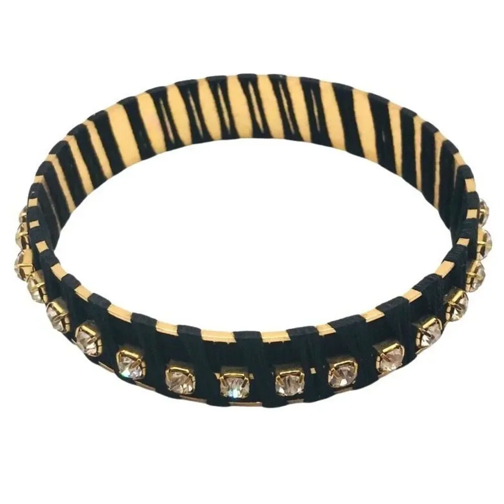 Gold Black Woven Rhinestone Bangle Bracelet